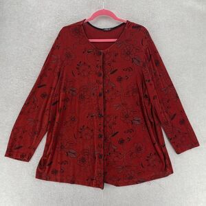 Vikki Vi Top Red Black Floral Sparkly Slinky Travelers Shirt Jacket Blouse USA